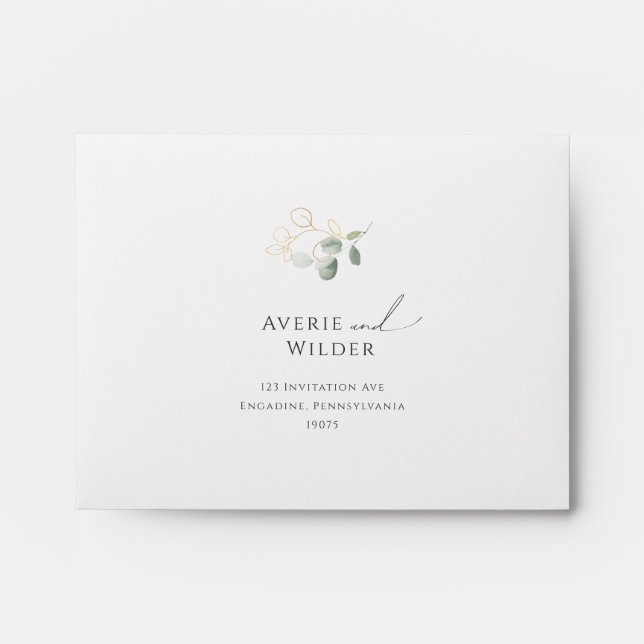 Whimsical Greenery and Gold Self Addressed RSVP Envelope (Front)