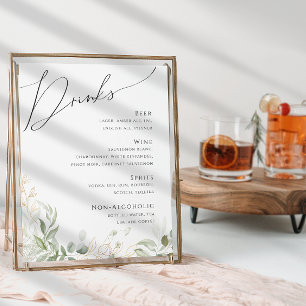 Whimsical Greenery and Gold Wedding Drinks Menu Poster