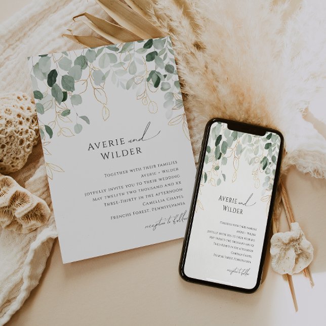 Whimsical Greenery and Gold Wedding Invitation (Creator Uploaded)