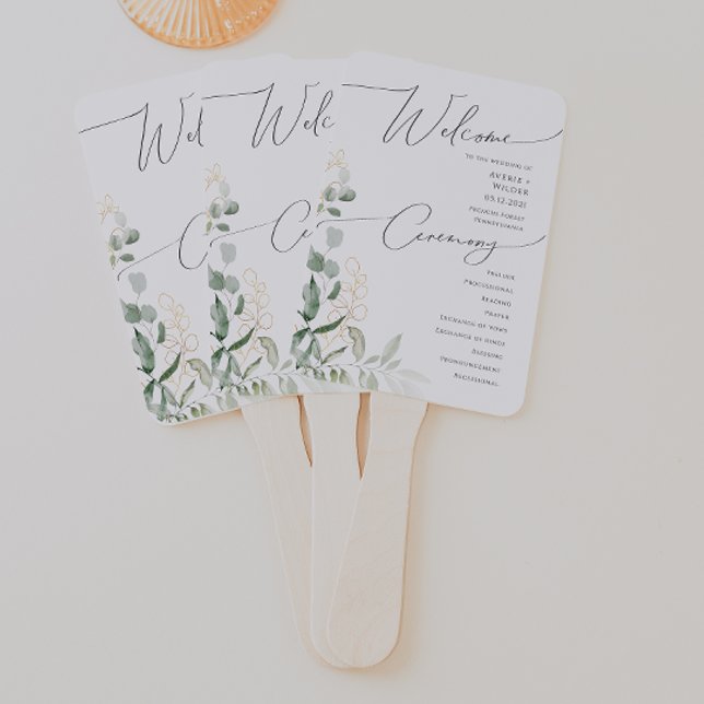 Whimsical Greenery and Gold | Wedding Program Hand Fan (Creator Uploaded)
