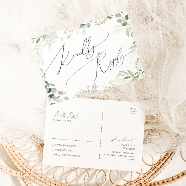 Whimsical Greenery and Gold Wedding RSVP Postcard (Creator Uploaded)