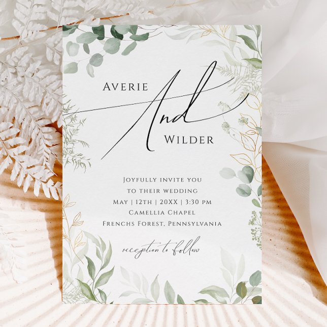 Whimsical Greenery and Gold Wreath Casual Wedding Invitation (Creator Uploaded)