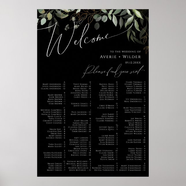 Whimsical Greenery | Black Alphabetical Seating Poster (Front)