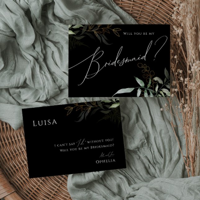 Whimsical Greenery Black and Gold Bridesmaid Card (Creator Uploaded)