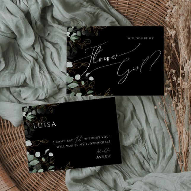 Whimsical Greenery Black and Gold Flower Girl Card (Creator Uploaded)