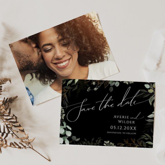 Whimsical Greenery Black and Gold Horizontal Photo Save The Date (Creator Uploaded)