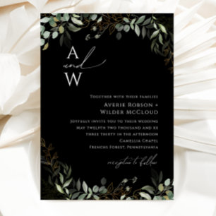 Whimsical Greenery Black and Gold Monogram Wedding Invitation