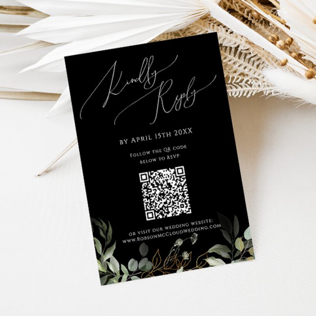 Whimsical Greenery Black and Gold QR Code RSVP Card (Creator Uploaded)