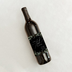 Whimsical Greenery Black and Gold Wedding Wine Label