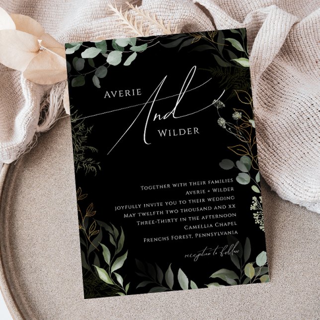 Whimsical Greenery Black and Gold Wreath Wedding Invitation (Creator Uploaded)