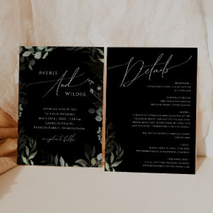 Whimsical Greenery Black Gold All In One Wedding Invitation