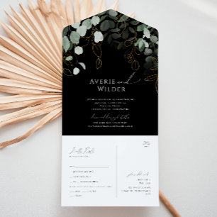 Whimsical Greenery Black Gold Casual Seal And Send All In One Invitation