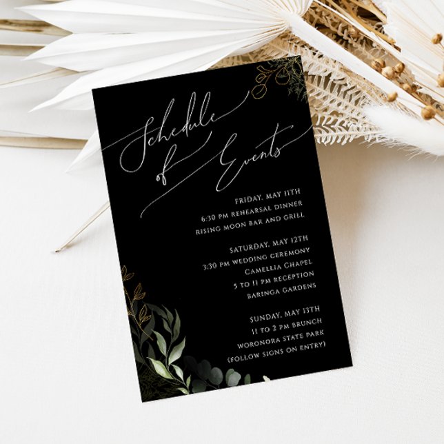 Whimsical Greenery Black & Gold Schedule of Events Enclosure Card (Creator Uploaded)