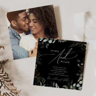 Whimsical Greenery Black Gold Square Photo Wedding Invitation