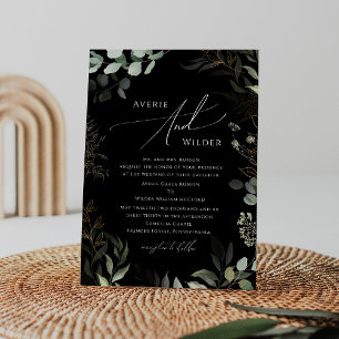 Whimsical Greenery Black Gold Traditional Wedding Invitation
