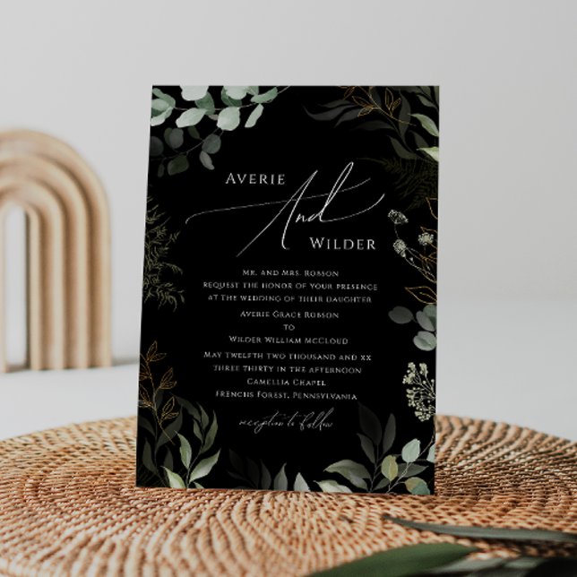 Whimsical Greenery Black Gold Traditional Wedding Invitation (Creator Uploaded)