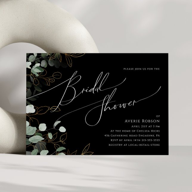 Whimsical Greenery Black Horizontal Bridal Shower Invitation (Creator Uploaded)