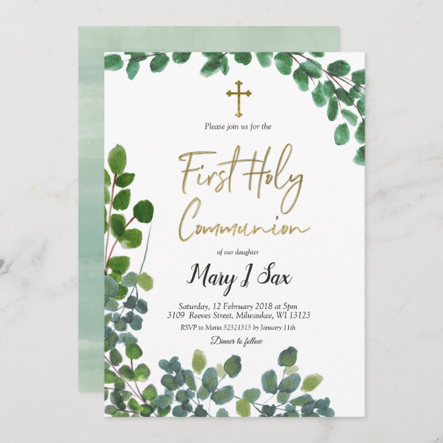 Whimsical Greenery Eucalyptus First Holy Communion Invitation (Front/Back)