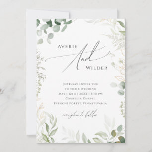 Whimsical Greenery Gold QR Code All In One Wedding Invitation