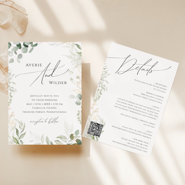 Whimsical Greenery Gold QR Code All In One Wedding Invitation (Creator Uploaded)