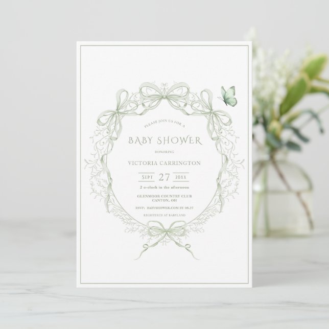 Whimsical Greenery Vintage Baby Shower Invitation (Standing Front)