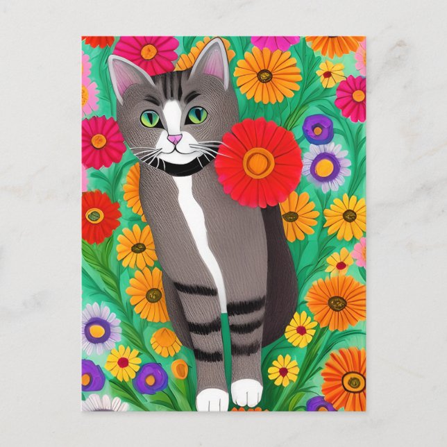 Whimsical Grey and White Cats and Red Flower Postcard (Front)