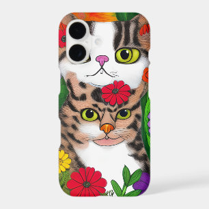 Whimsical Grey and White Cats   Colourful Flowers