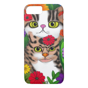 Whimsical Grey and White Cats   Colourful Flowers iPhone 8/7 Case