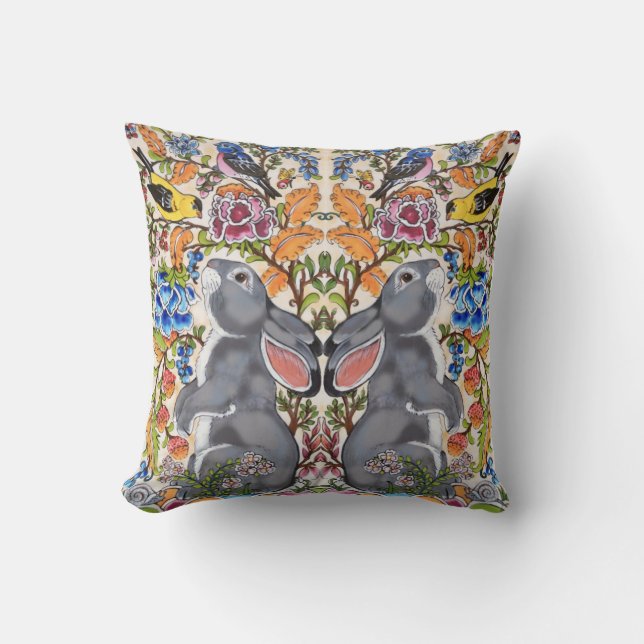 Whimsical Grey Bunny Rabbit Bird Floral Jacobean Cushion (Front)