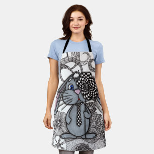 Whimsical Grey Bunny Rabbit Zentangle Chequerboard Apron