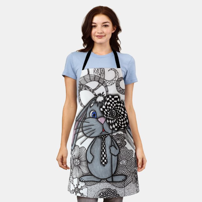 Whimsical Grey Bunny Rabbit Zentangle Chequerboard Apron (Worn)