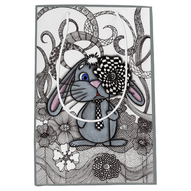 Whimsical Grey Bunny Rabbit Zentangle Chequerboard Medium Gift Bag (Front)