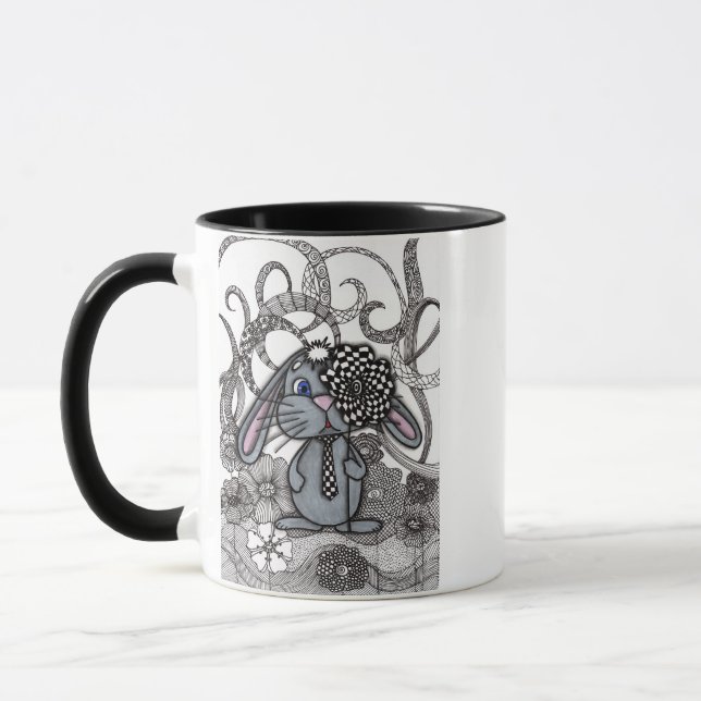 Whimsical Grey Bunny Rabbit Zentangle Chequerboard Mug (Left)