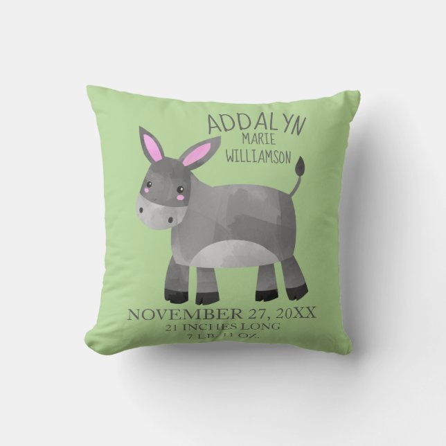 Whimsical Grey Donkey Green Child's Name Birthdate Cushion (Front)