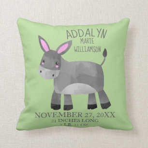 Whimsical Grey Donkey Green Child's Name Birthdate Cushion