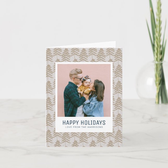 Whimsical Grey Gold Pine Tree Pattern Family Photo Holiday Card (Front)