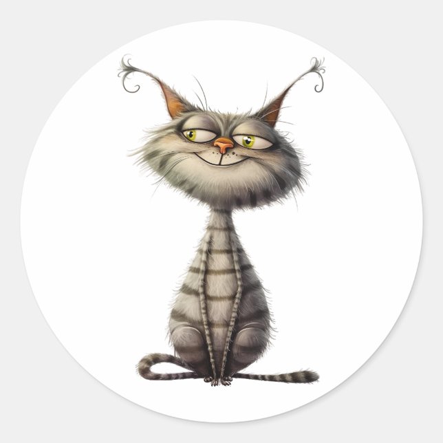 Whimsical Grey Grinning Cat Illustration Classic Round Sticker (Front)