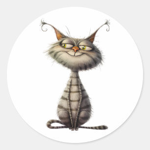 Whimsical Grey Grinning Cat Illustration Classic Round Sticker