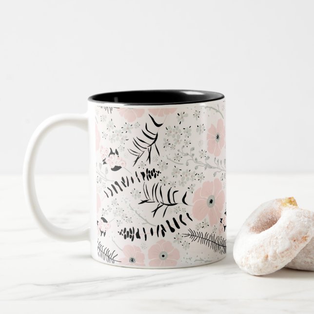 Whimsical Grey Pink Black Patterned Flowers Two-Tone Coffee Mug (With Donut)