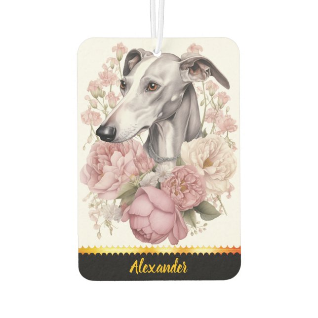 Whimsical greyhound portrait surrounded by flowers car air freshener (Back)