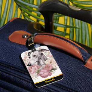 Whimsical greyhound portrait surrounded by flowers luggage tag