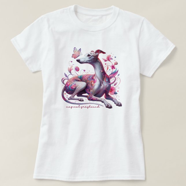 Whimsical Greyhound with Flowers and Butterfly T-Shirt (Design Front)