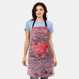 Whimsical Grunge Red Heart Charcoal Polka Dot Apro Apron