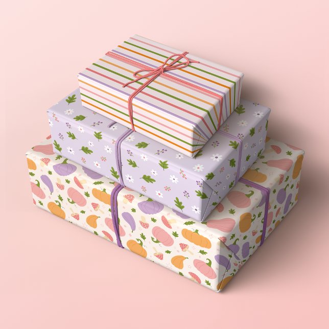 Whimsical Halloween and Fall Patterns Wrapping Paper Sheet (Set of 3 Whimsical Fall and Halloween Patterns in Pastel Pink, Lavender and Orange)
