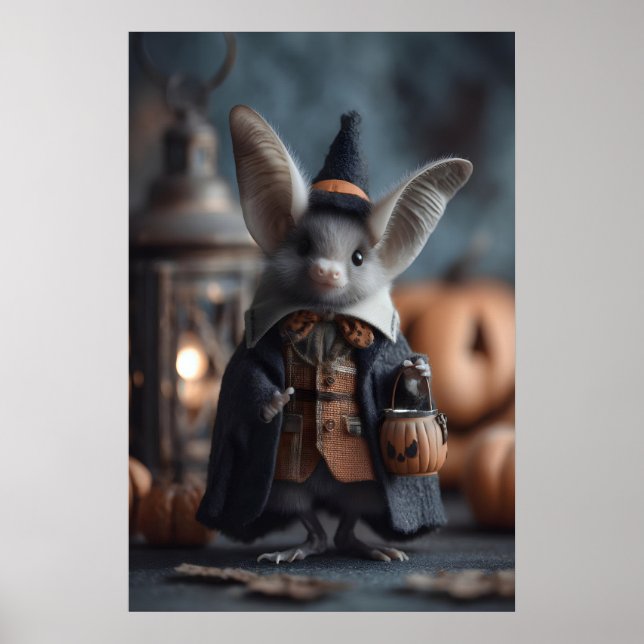 Whimsical Halloween Bat Art Print, Witch Costume Poster (Front)
