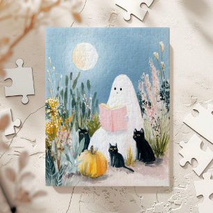 Whimsical Halloween Book Lover Ghost Black Cats Jigsaw Puzzle