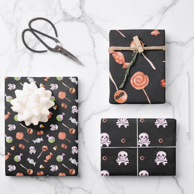 Whimsical Halloween Candy and Skulls Wrapping Paper Sheet (Front)