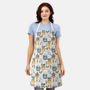Whimsical Halloween Cauldron and Cats Pattern Apron