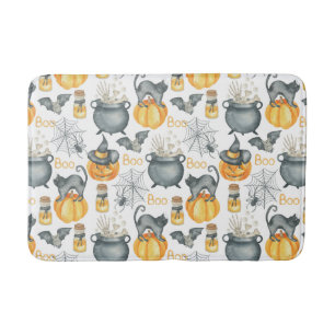 Whimsical Halloween Cauldron and Cats Pattern Bath Mat
