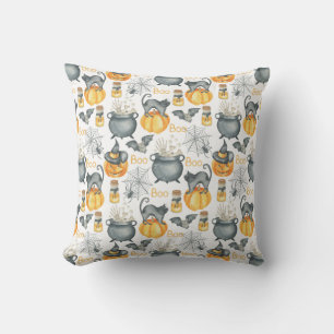 Whimsical Halloween Cauldron and Cats Pattern Cushion